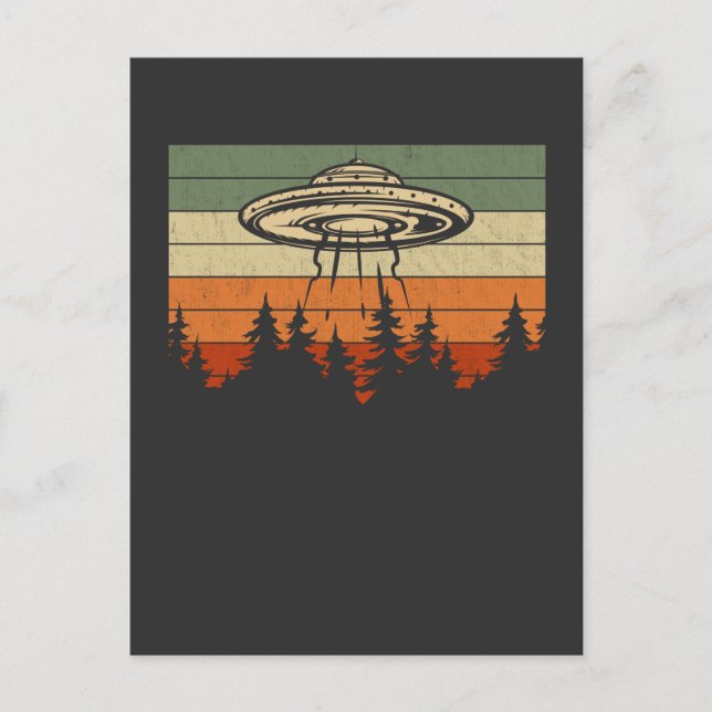 Retro UFO Alien Abduction Forest Spaceship Postcard (Front)