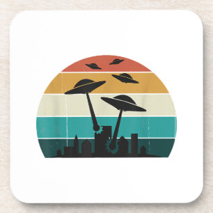 Retro UFO Attack Sunset - Cool Vintage Flying Sauc Beverage Coaster