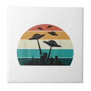 Retro UFO Attack Sunset - Cool Vintage Flying Sauc Ceramic Tile