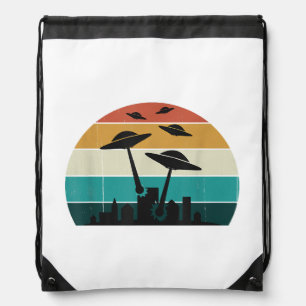 Retro UFO Attack Sunset - Cool Vintage Flying Sauc Drawstring Bag