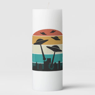 Retro UFO Attack Sunset - Cool Vintage Flying Sauc Pillar Candle