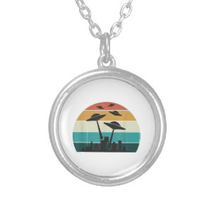 Retro UFO Attack Sunset - Cool Vintage Flying Sauc Silver Plated Necklace