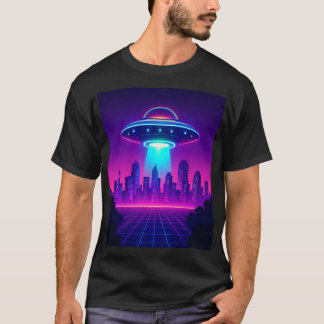 Retro UFO Cityscape Poster – Neon Synthwave Alien  T-Shirt