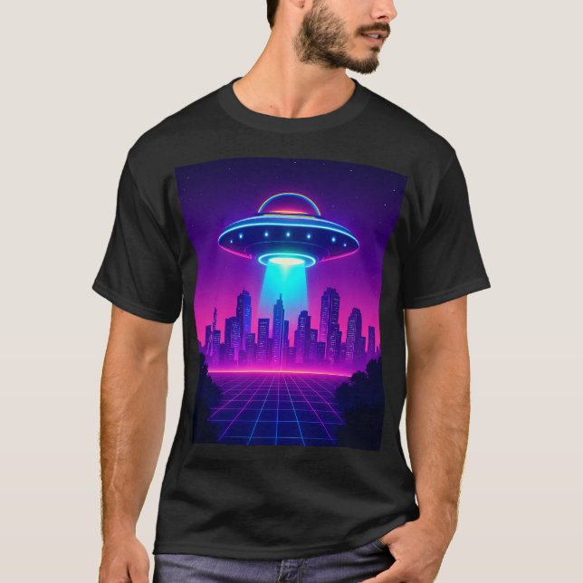 Retro UFO Cityscape Poster – Neon Synthwave Alien  T-Shirt (Front)