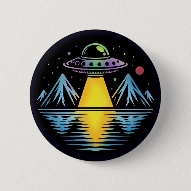 Retro UFO in the Mountains Reflecting in the Water Button (Front)
