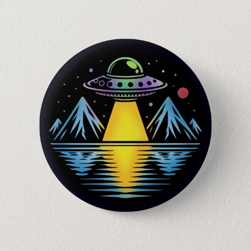Retro UFO in the Mountains Reflecting in the Water Button