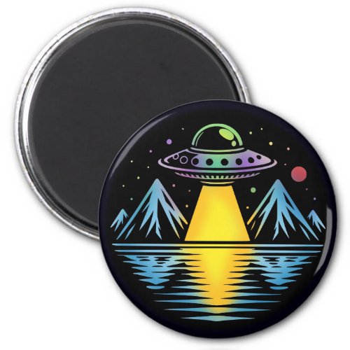 Retro UFO in the Mountains Reflecting in the Water Magnet