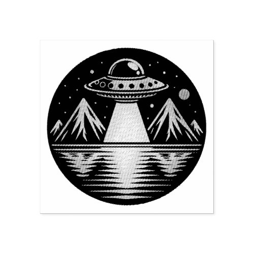 Retro UFO in the Mountains Reflecting in the Water Rubber Stamp