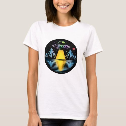 Retro UFO in the Mountains Reflecting in the Water T_Shirt