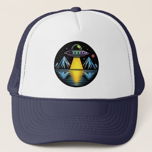 Retro UFO in the Mountains Reflecting in the Water Trucker Hat