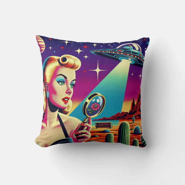 Retro UFO Pin-Up T-Shirt  Throw Pillow (Front)
