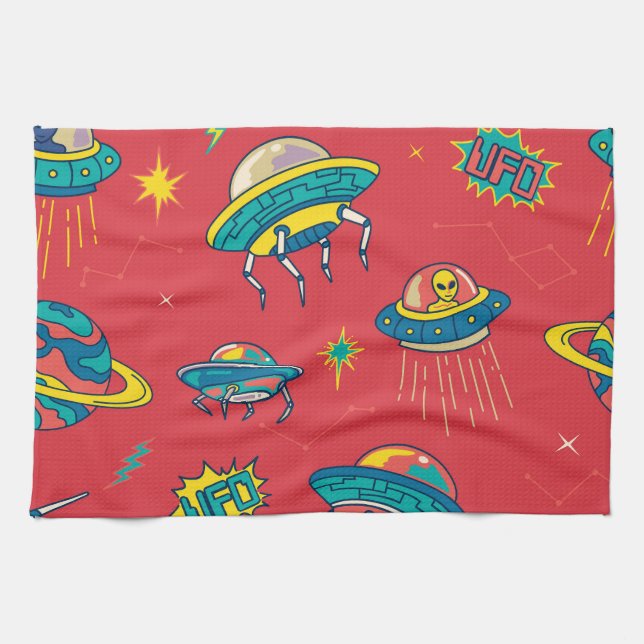 Retro UFO Space Invaders Kitchen Towel (Horizontal)