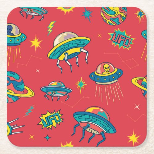 Retro UFO Space Invaders Square Paper Coaster