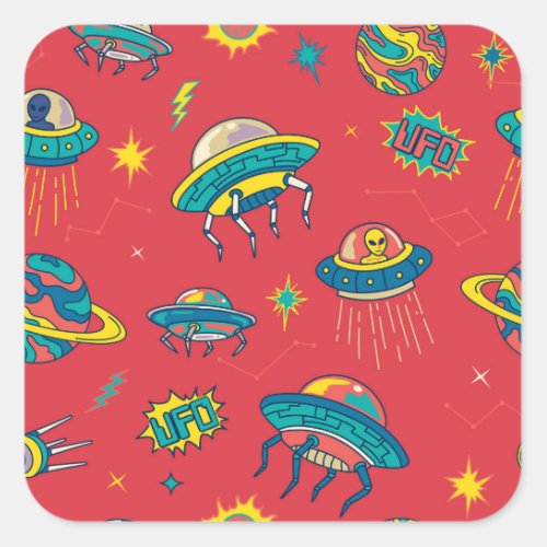 Retro UFO Space Invaders Square Sticker