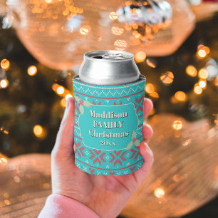 Retro Ugly Christmas Sweater Blue Red Holly Can Cooler