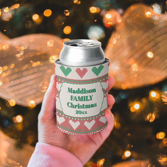 Retro Ugly Christmas Sweater Green Red Hearts Can Cooler (Creator Uploaded)