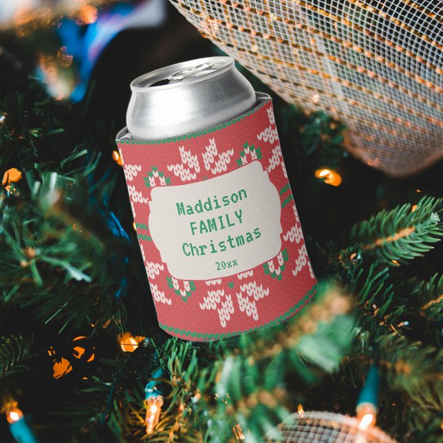 Retro Ugly Christmas Sweater Nordic Red Green Can Cooler (Creator Uploaded)