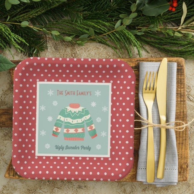 Retro Ugly Christmas Sweater Party Holiday Paper Plates (Creator Uploaded)