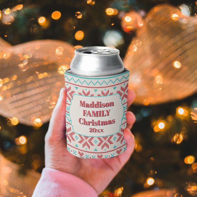 Retro Ugly Christmas Sweater Snowflakes White Can Cooler (Creator Uploaded)