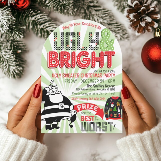 Retro Ugly Sweater Christmas Party Arch Invitation (Trendy arch shape retro funny ugly Christmas sweater vintage Santa claus Christmas party invitation)