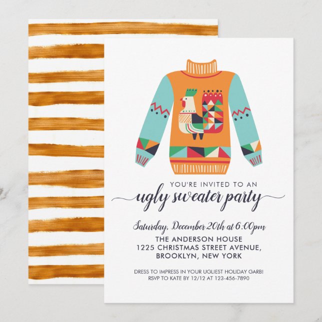Retro Ugly Sweater Rustic Chicken Christmas Party Invitation (Front/Back)