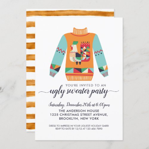Retro Ugly Sweater Rustic Chicken Christmas Party Invitation