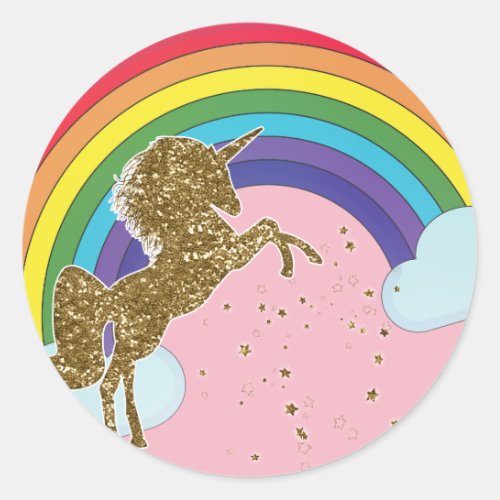 Retro Unicorn Rainbow  Gold Stars Birthday Party Classic Round Sticker