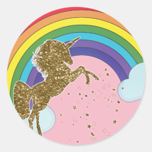 Retro Unicorn Rainbow & Gold Stars Birthday Party Classic Round Sticker