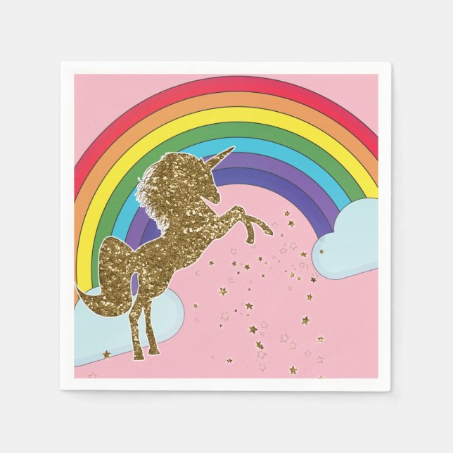 Retro Unicorn Rainbow & Gold Stars Birthday Party Napkins (Front)