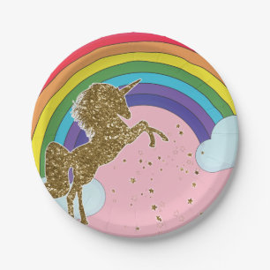 Retro Unicorn Rainbow & Gold Stars Birthday Party Paper Plates