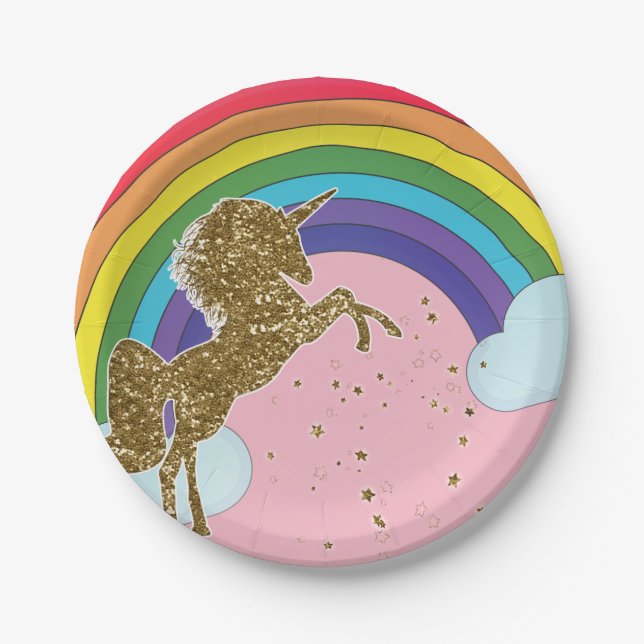Retro Unicorn Rainbow & Gold Stars Birthday Party Paper Plates (Front)