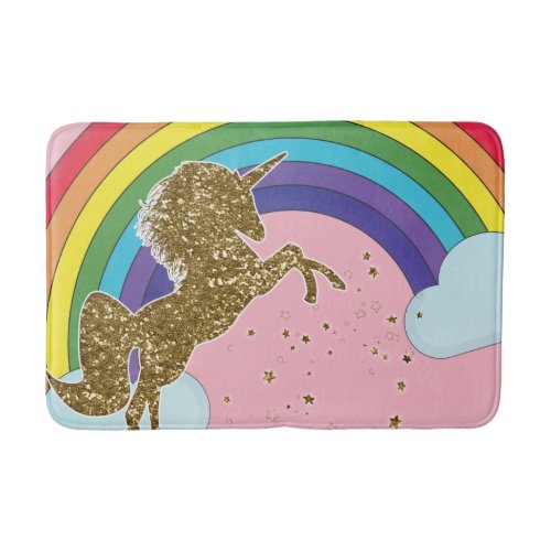 Retro Unicorn Rainbow  Gold Stars Girls Bath Mat