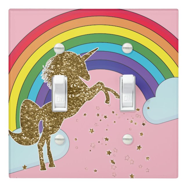 Retro Unicorn Rainbow & Gold Stars Girls Light Switch Cover (In Situ)