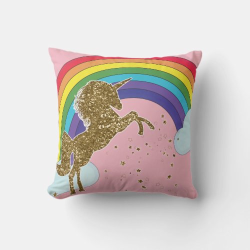 Retro Unicorn Rainbow  Gold Stars Girls Throw Pillow
