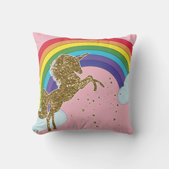 Retro Unicorn Rainbow & Gold Stars Girls Throw Pillow (Front)