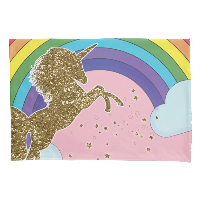 Retro Unicorn Rainbow & Gold Stars Pillow Case (Front)