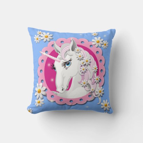 Retro Unicorns and Daisies Pattern on Blue Throw Pillow