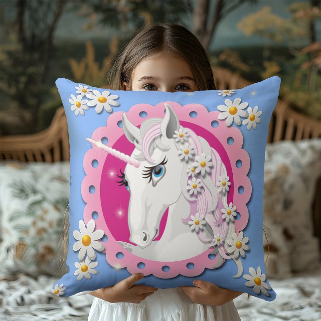 Retro Unicorns and Daisies Pattern on Blue Throw Pillow (Creator Uploaded)