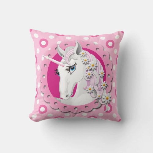 Retro Unicorns and Daisies Pattern on Pink Throw Pillow