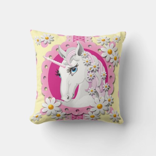 Retro Unicorns and Daisies Pattern on Yellow Throw Pillow