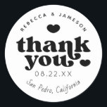 Retro Union Black and White Wedding Thank You Classic Round Sticker<br><div class="desc">Retro inspired font "Thank you" with hearts,  in editable colors for background and graphics.</div>