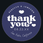 Retro Union Dark Blue Wedding Thank You Classic Round Sticker<br><div class="desc">Retro inspired font "Thank you" with hearts,  in editable colors for background and graphics.</div>