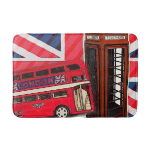 Retro Union Jack London Bus red telephone booth Bath Mat