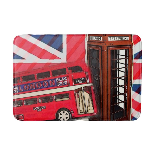 Retro Union Jack London Bus red telephone booth Bath Mat (Front)
