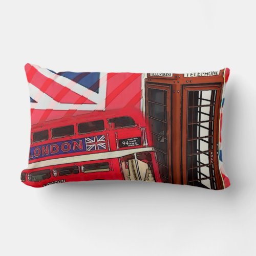 Retro Union Jack London Bus red telephone booth Lumbar Pillow
