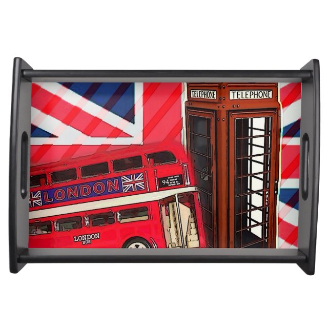 Retro Union Jack London Bus red telephone booth Serving Tray (Front)