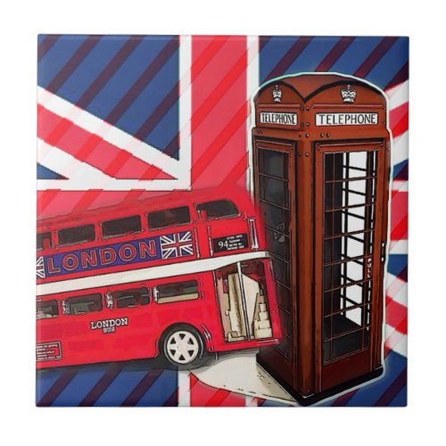 Retro Union Jack London Bus red telephone booth Tile