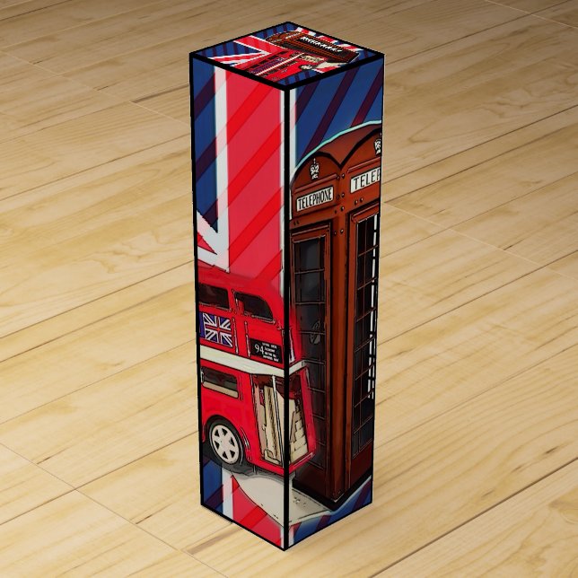 Retro Union Jack London Bus red telephone booth Wine Box (Front)