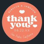 Retro Union Persimmon Orange Wedding Thank You Classic Round Sticker<br><div class="desc">Retro inspired font "Thank you" with hearts,  in editable colors for background and graphics.</div>