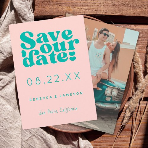 Retro Union Pink and Teal Wedding Save The Date